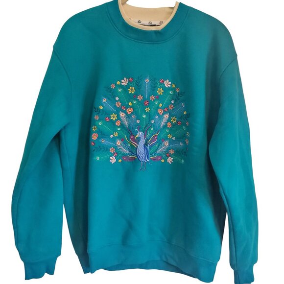 Vintage 90s Teal Peacock Embroidered Crew Neck Sweatshirt Dopamine Girl - Picture 1 of 10